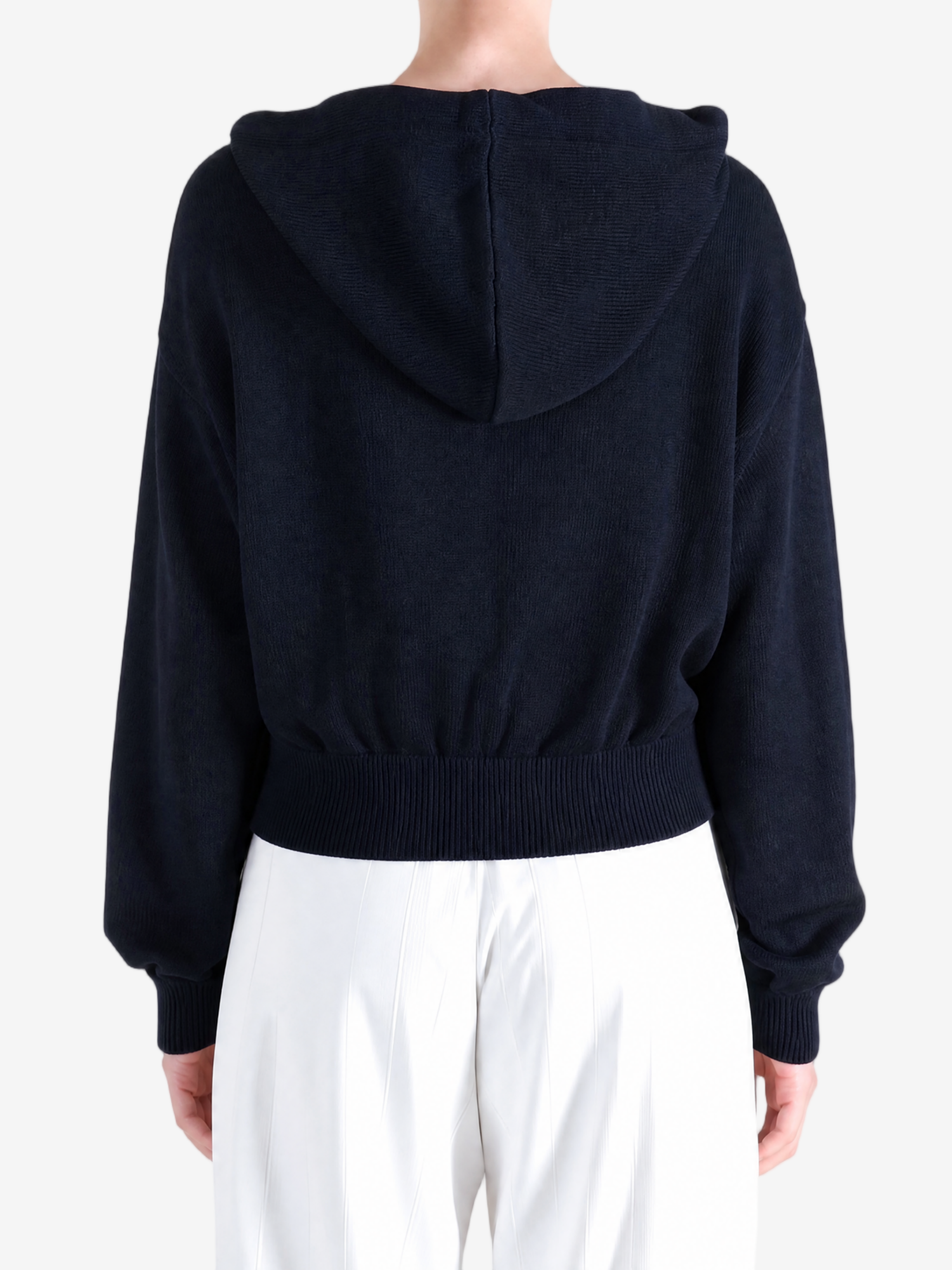 Navy hoodie, full body view