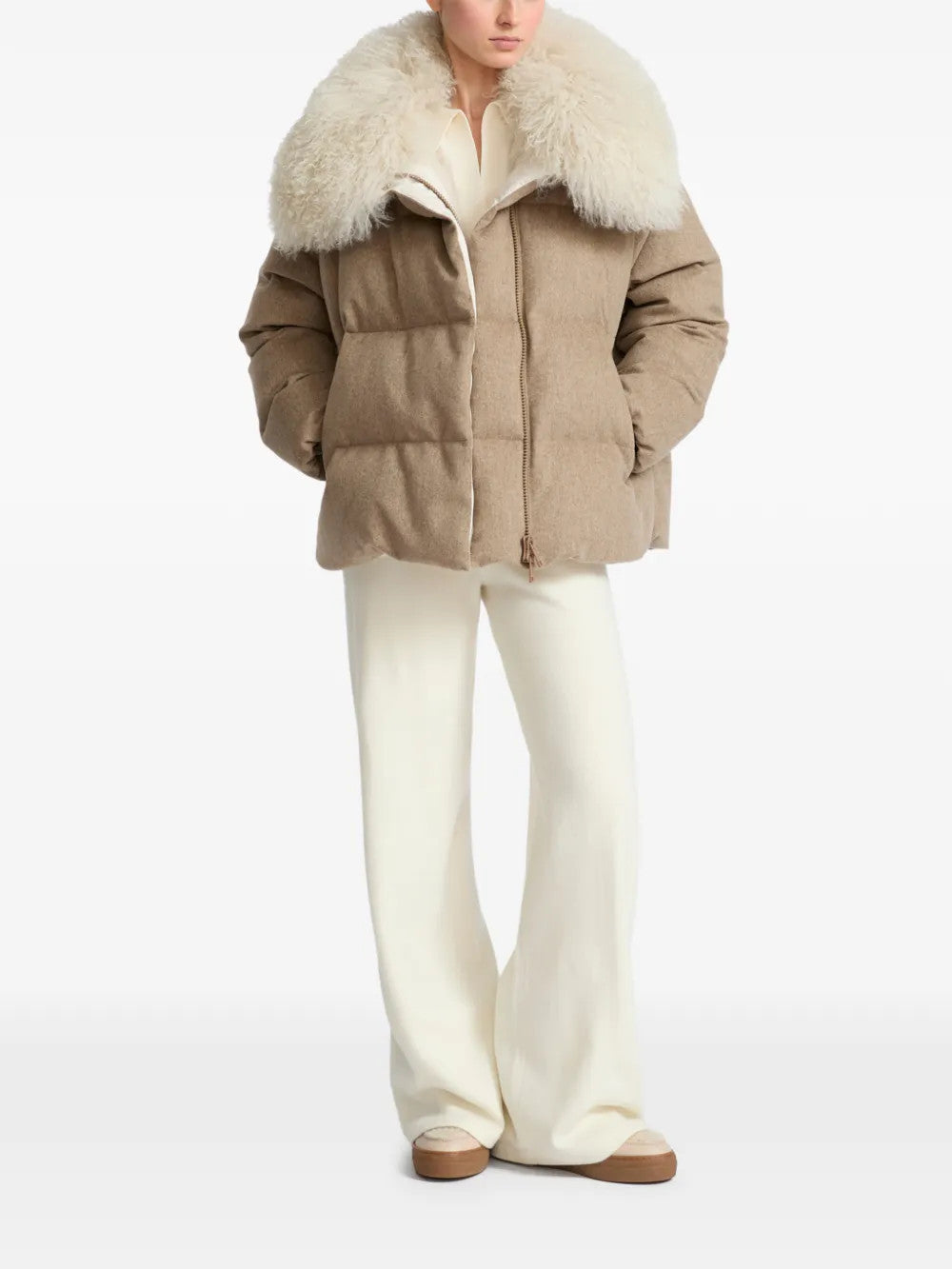 Tan jacket, full body view