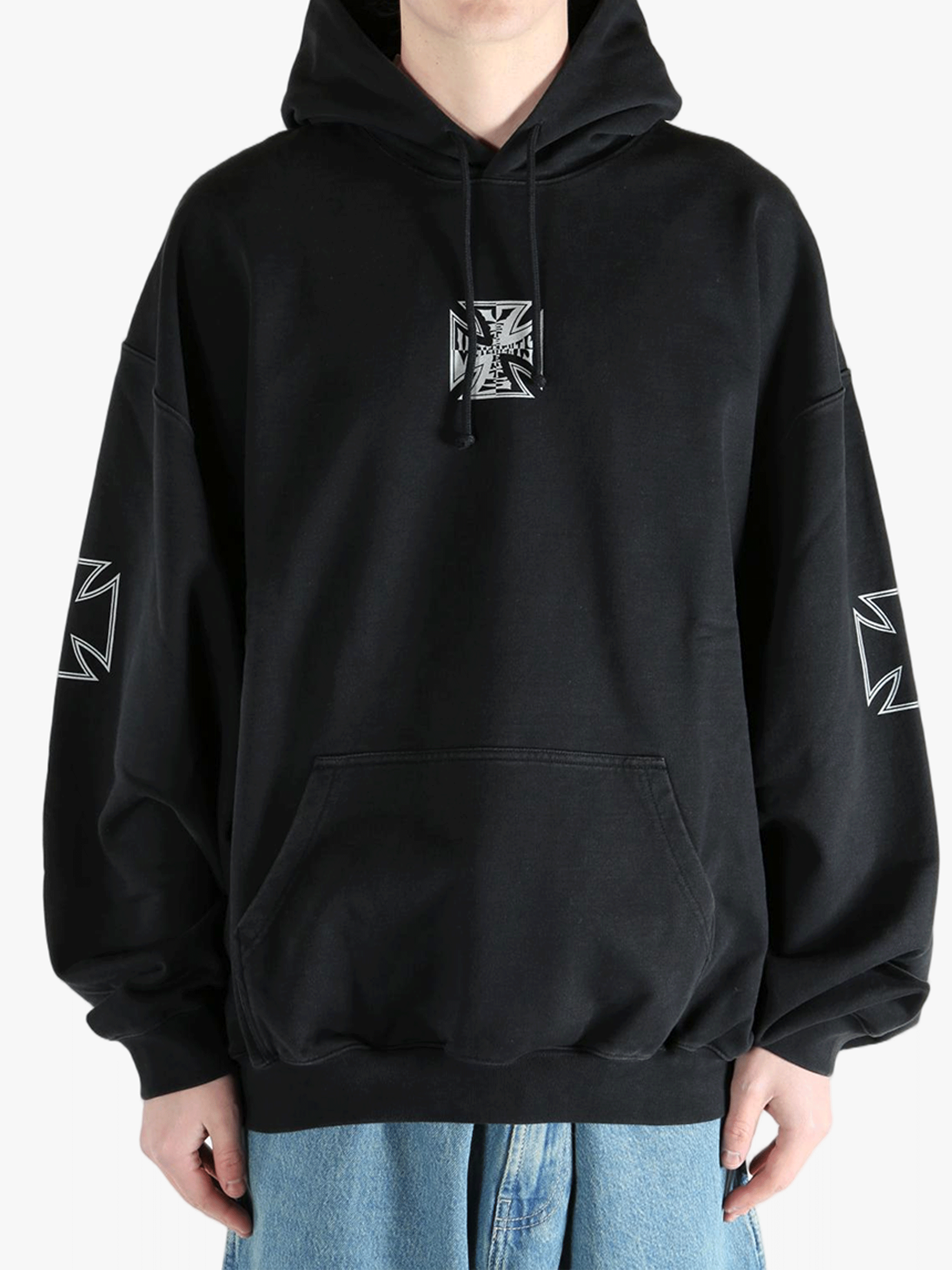 Black sweats-hoodies worn by a person, showing the fit