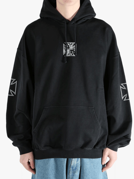 Black sweats-hoodies worn by a person, showing the fit