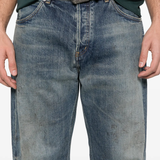 Close up of blue jeans, showing texture of the Cotton fabric