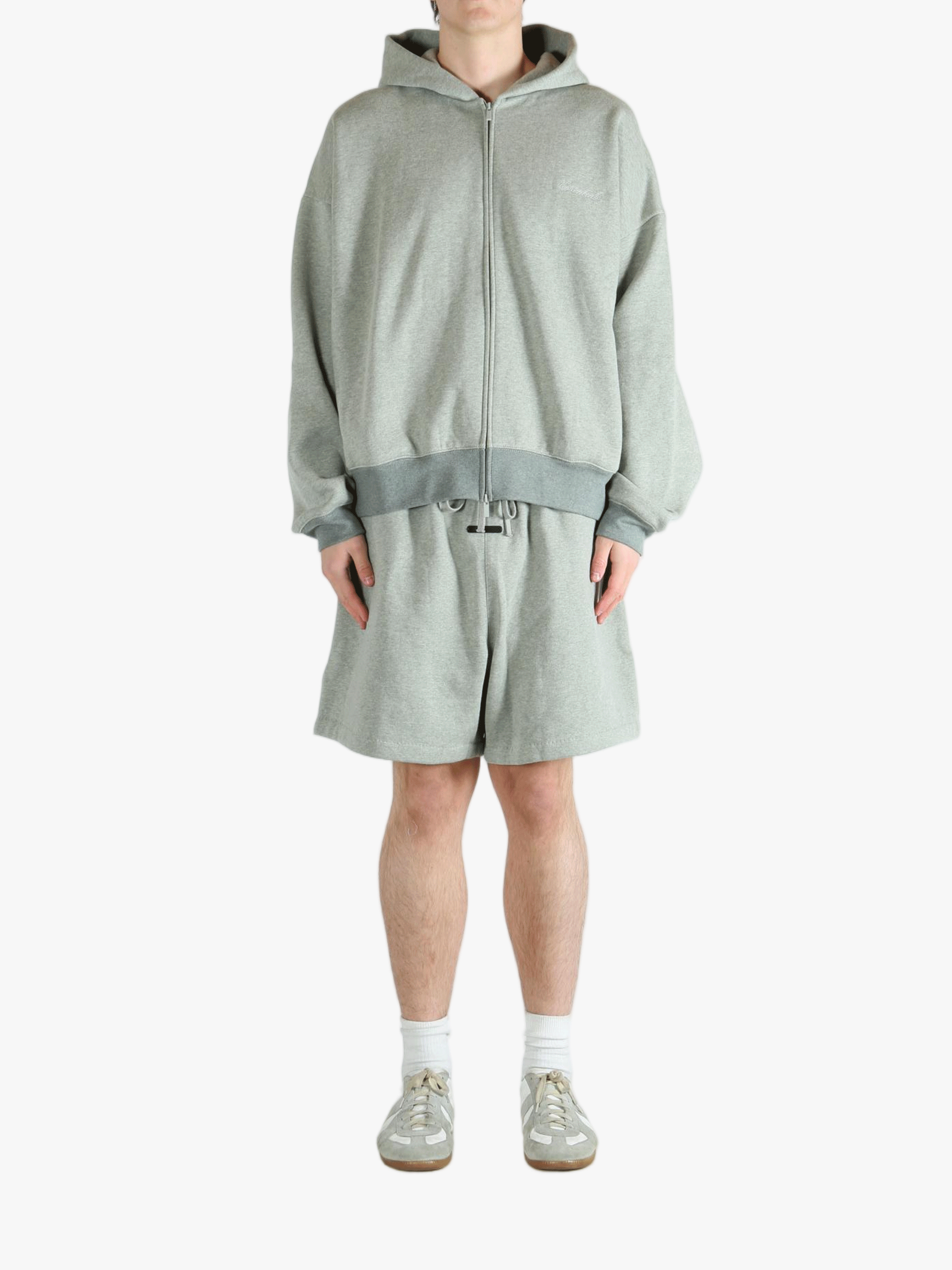 Gray zip-up hoodie,full body view