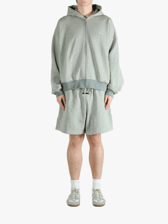 Gray zip-up hoodie,full body view