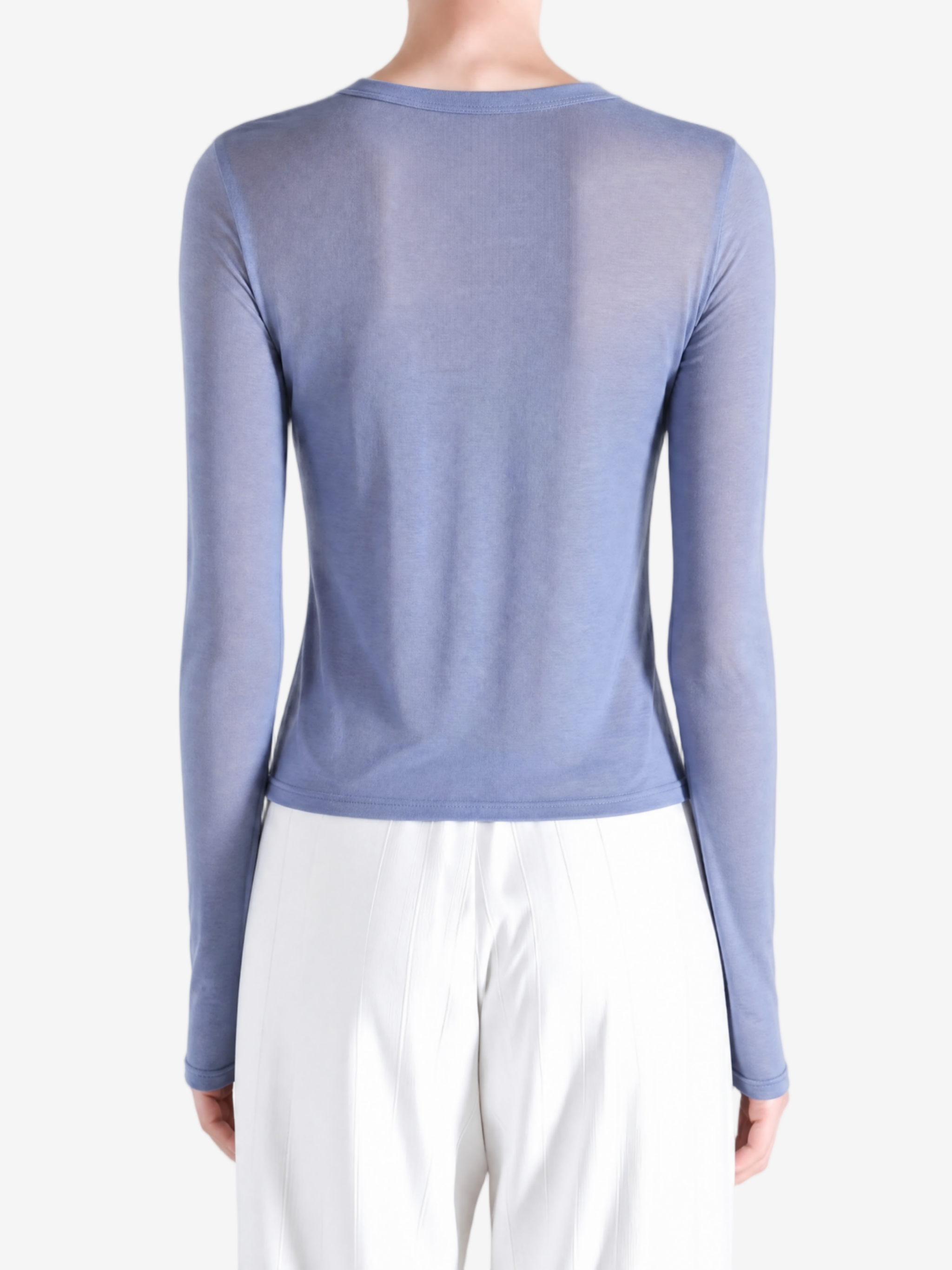 Blue t-shirt worn by a person, showing the t-shirt fit