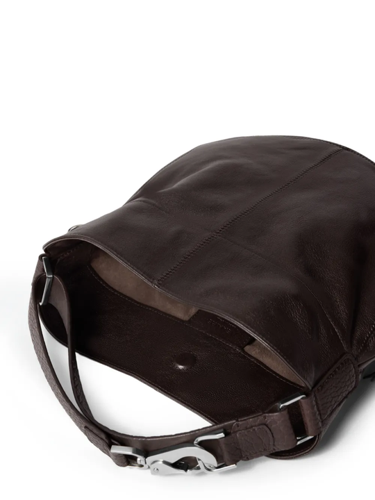 Close up of brown bag, showing texture of the Calfskin fabric