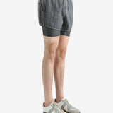 Grey shorts worn by a person, showing the shorts fit