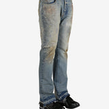Blue jeans worn by a person, showing the jeans's fit