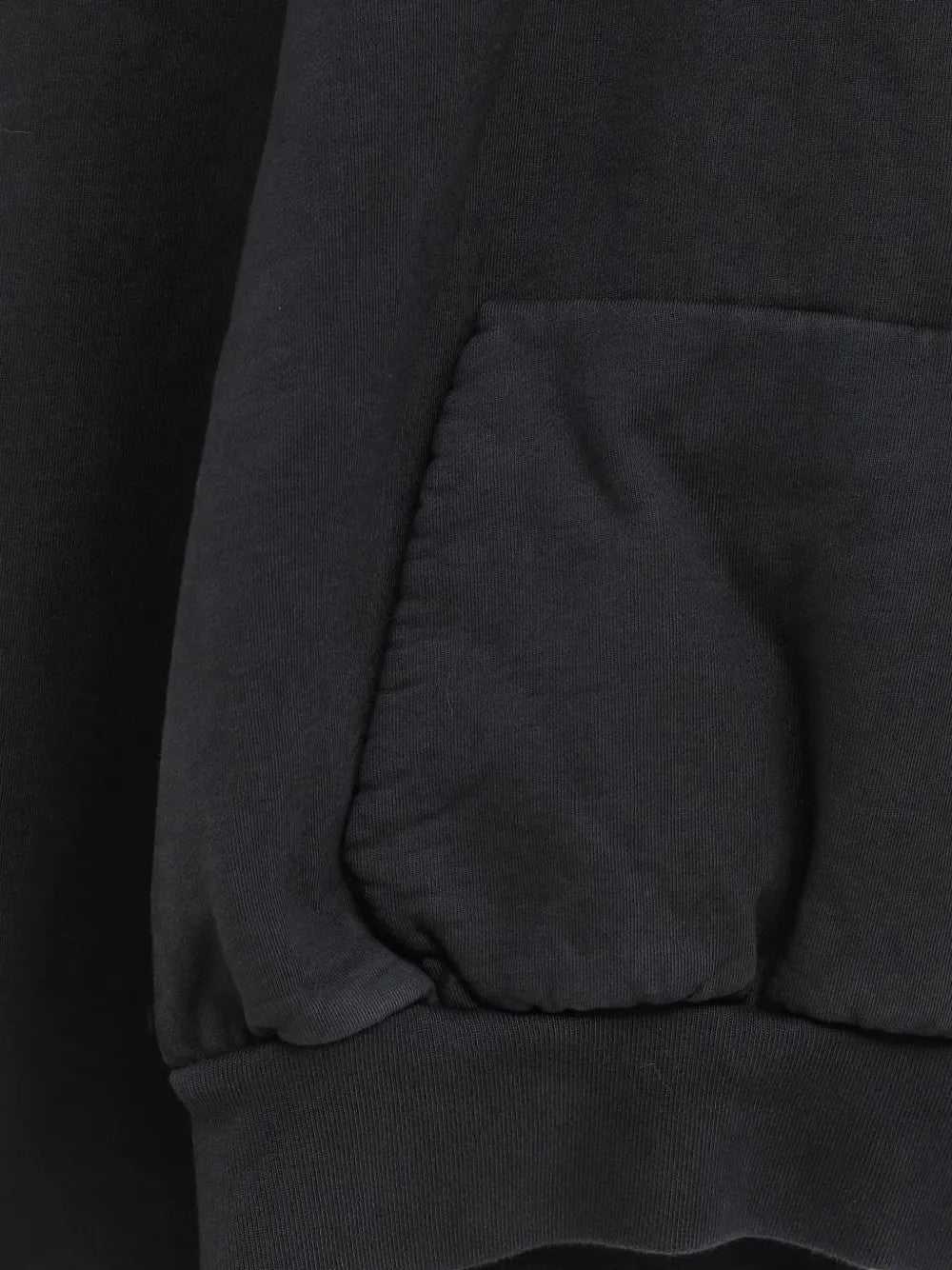 Close up of Black hoodie, showing texture of the 100% cotton fabric