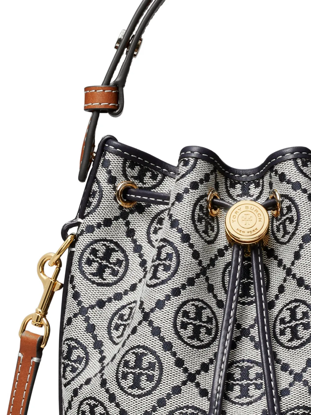 Close up of navy bucket bag, showing texture of the Cotton and Polyester fabric