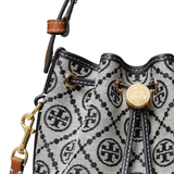 Close up of navy bucket bag, showing texture of the Cotton and Polyester fabric
