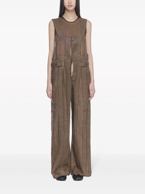 Brown overalls, full body view