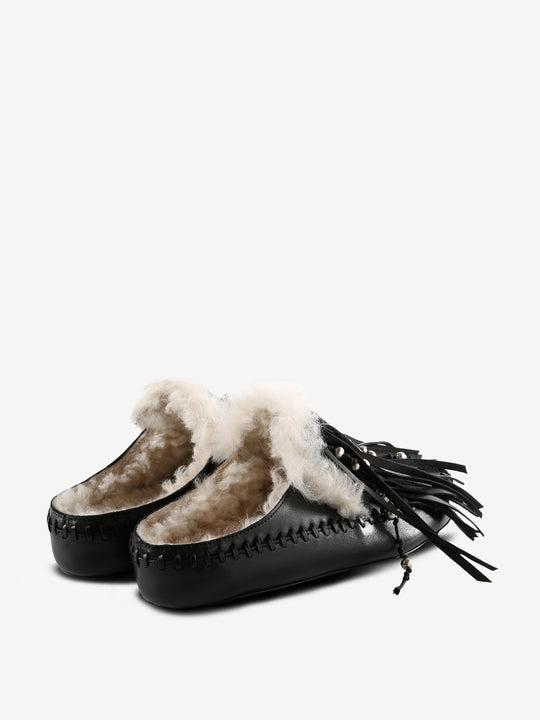 Black mules, back view