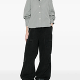 Gray button-up shirt,full body view