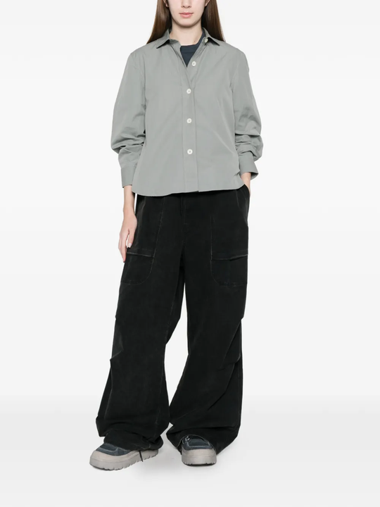 Gray button-up shirt,full body view