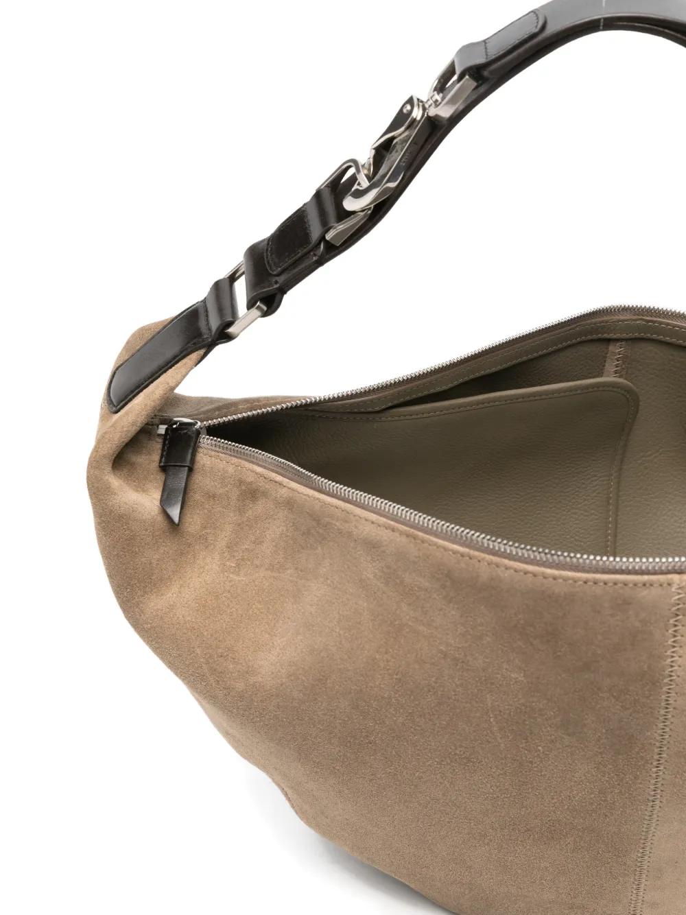 close up of brown bags, showing texture of the calf suede fabric