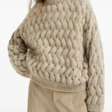 Tan knitwear worn by a person, showing the knitwear fit
