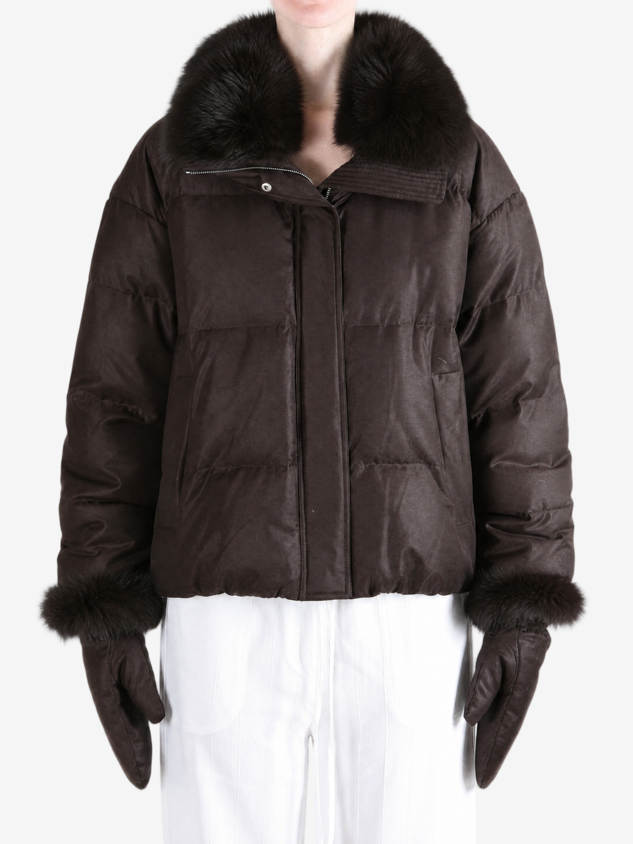 Brown jacket worn by a person, showing the jacket fit