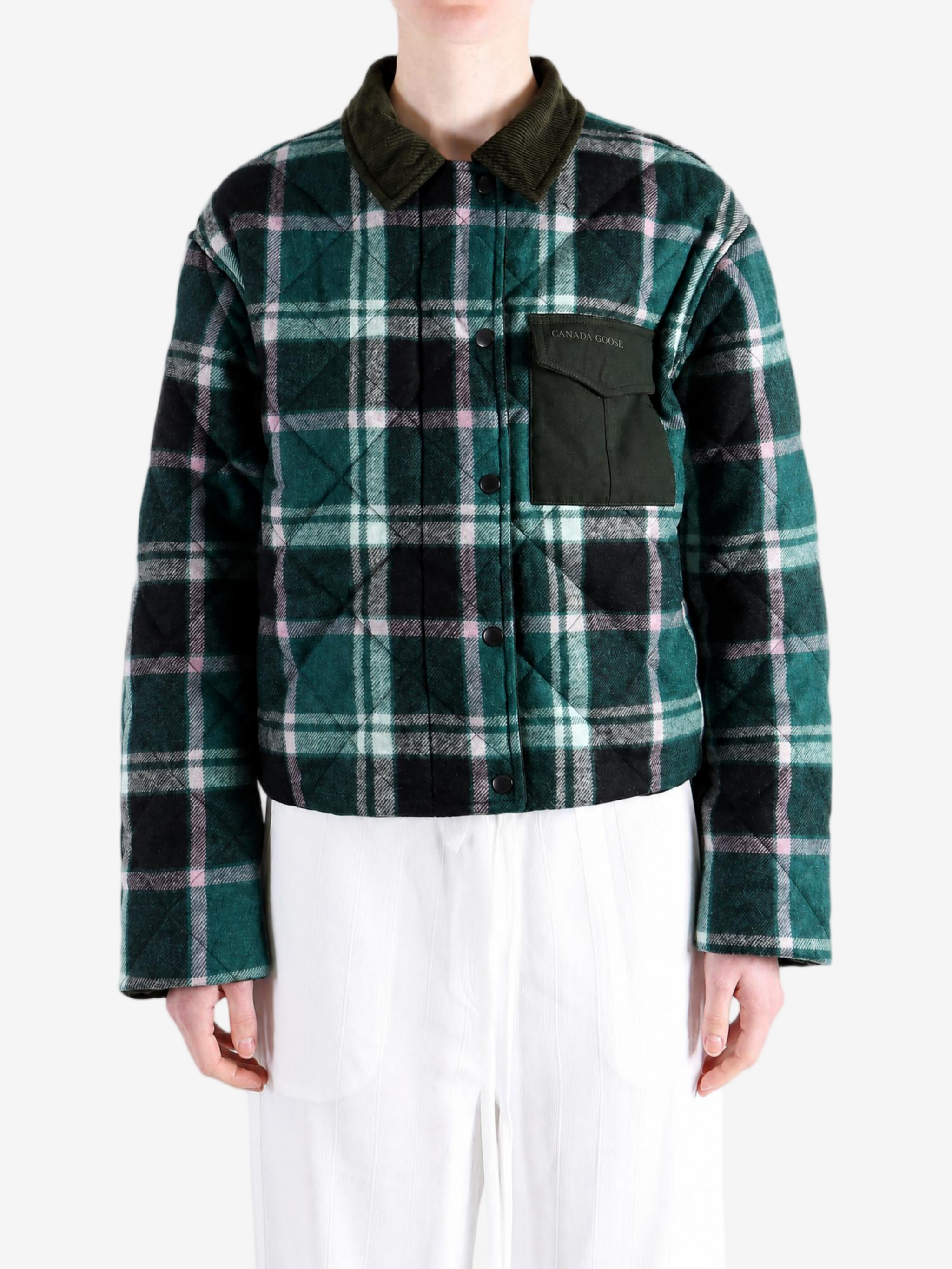 Green jacket worn by a person, showing the jacket fit