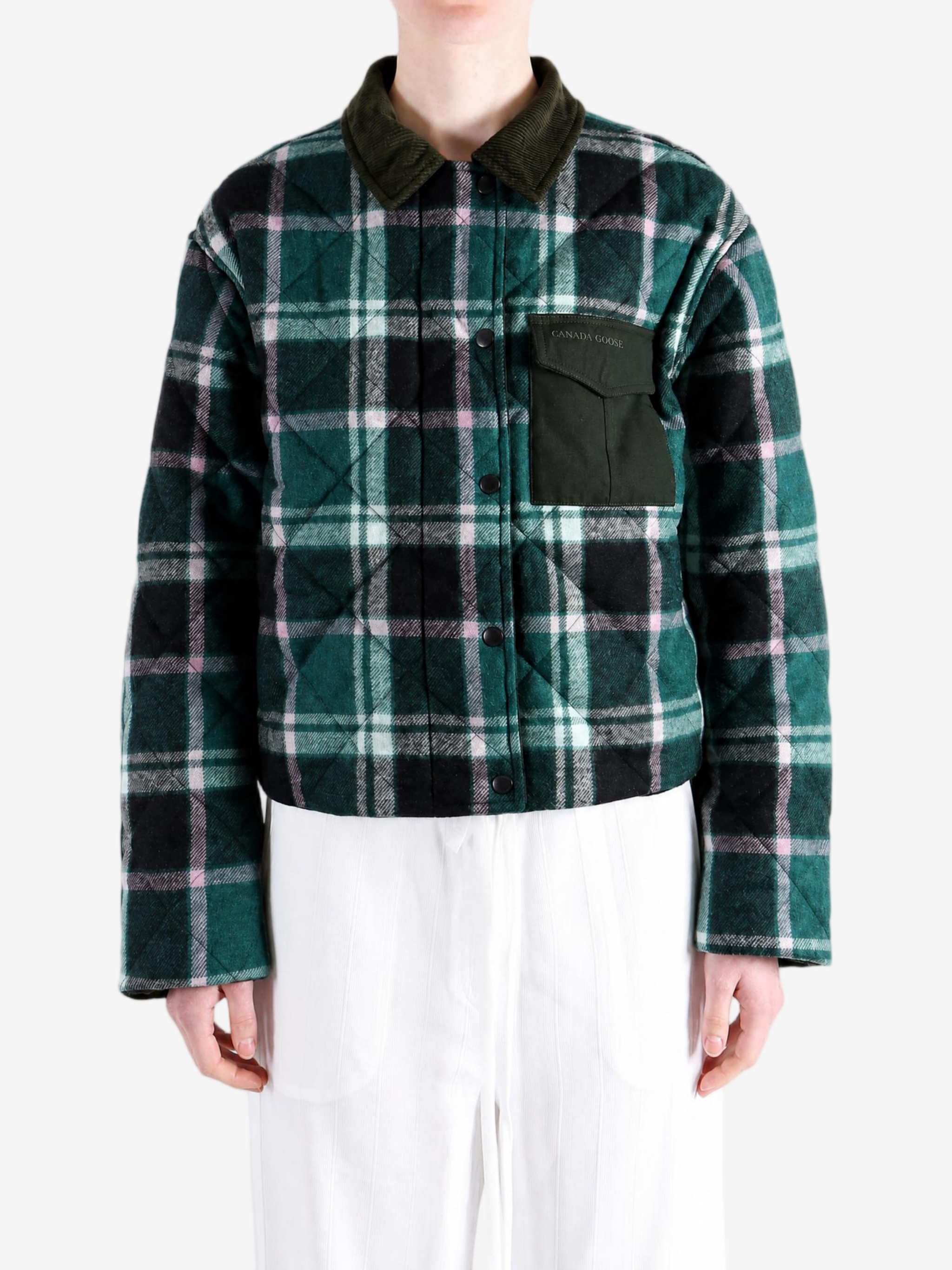Green jacket worn by a person, showing the jacket fit