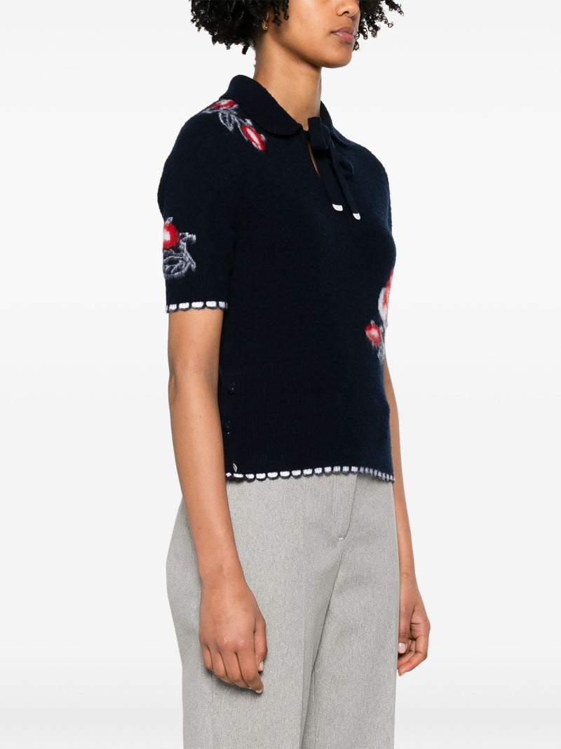 THOM BROWNE - Women Brushed Rose Jersey Intarsia Keyhole Polo In Merino Wool