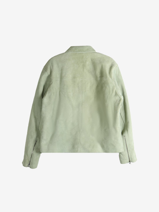 Green jacket, back view showing relaxed fit