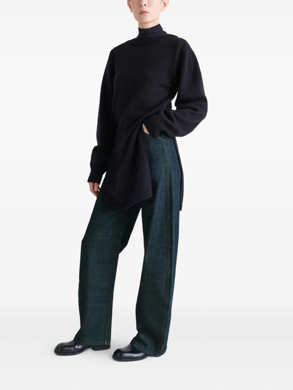 Navy pants, full body view