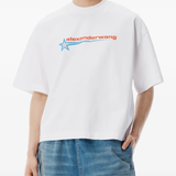 White t shirt  worn by a person, showing the t shirt 's fit