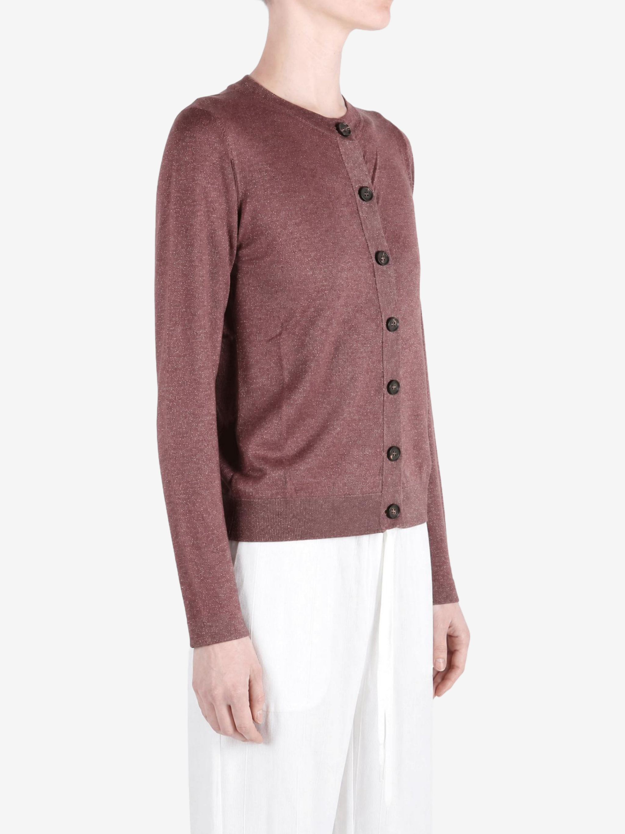 Burgundy knitwear worn by a person, showing the knitwear fit