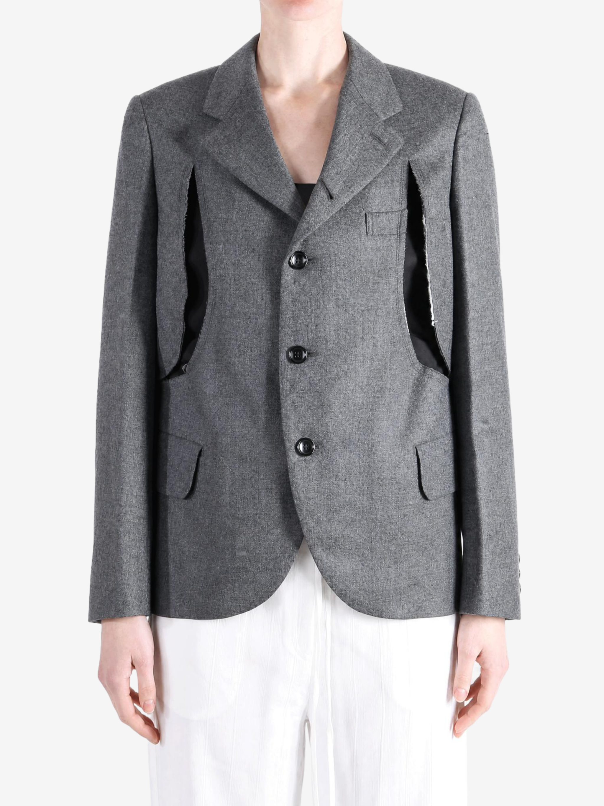 Grey jacket worn by a person, showing the jacket fit
