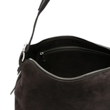 Close up of brown bag, showing texture of the calf suede fabric