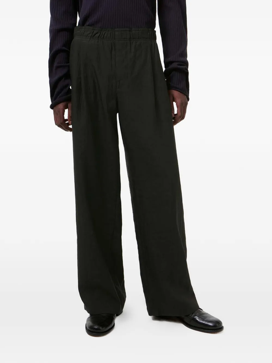 black pants worn by a person, showing the pants  fit