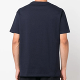 Navy t-shirt worn by a person, showing the shirt's fit
