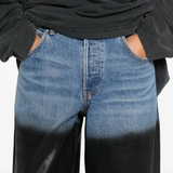 Close up of blue jeans, showing texture of the Polyurethane fabric