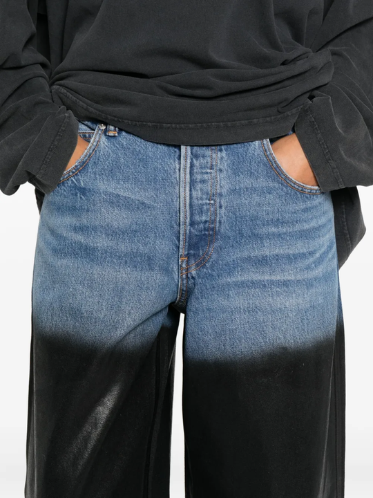 Close up of blue jeans, showing texture of the Polyurethane fabric