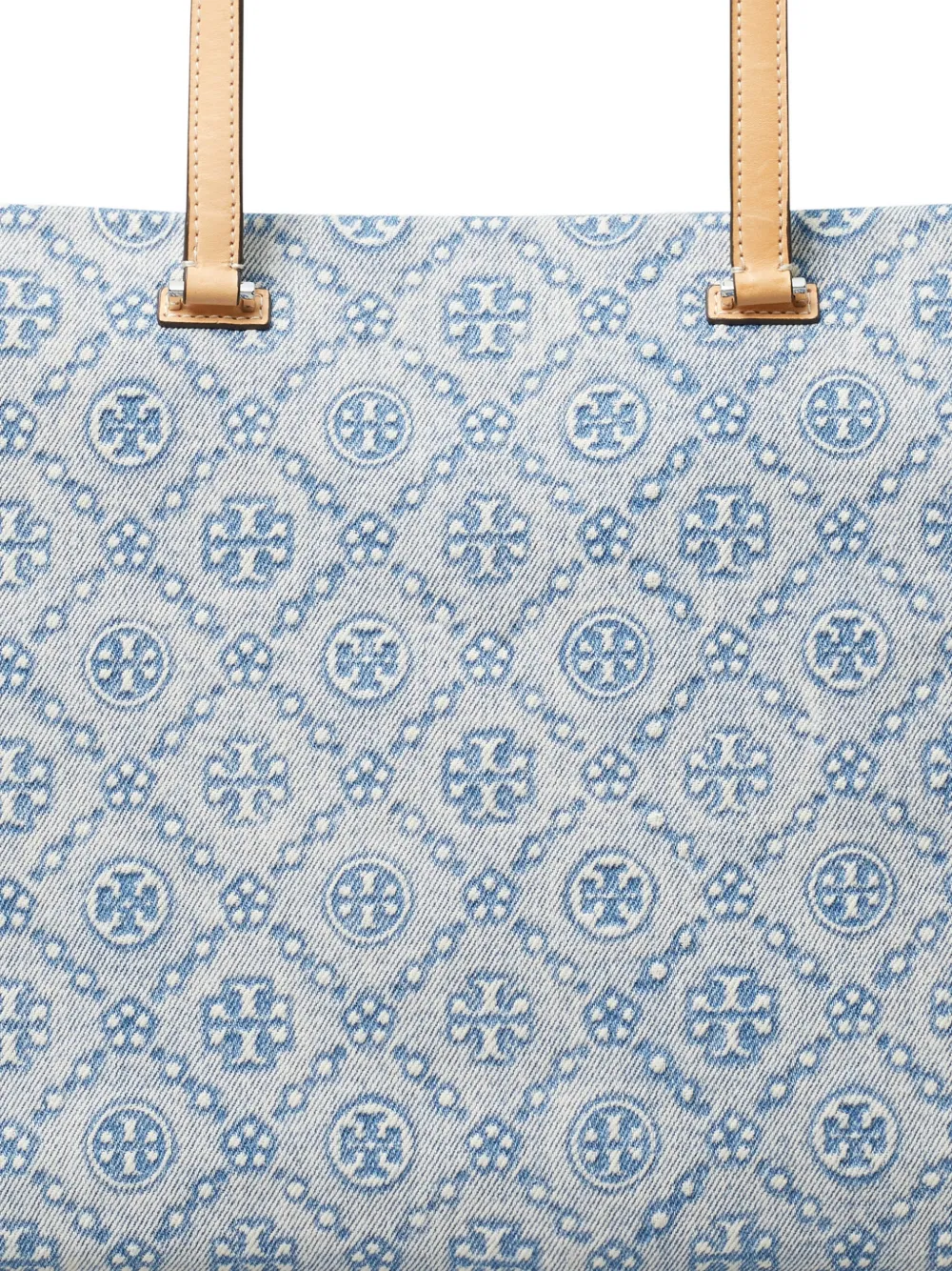 Close up of blue bag, showing texture of the denim fabric