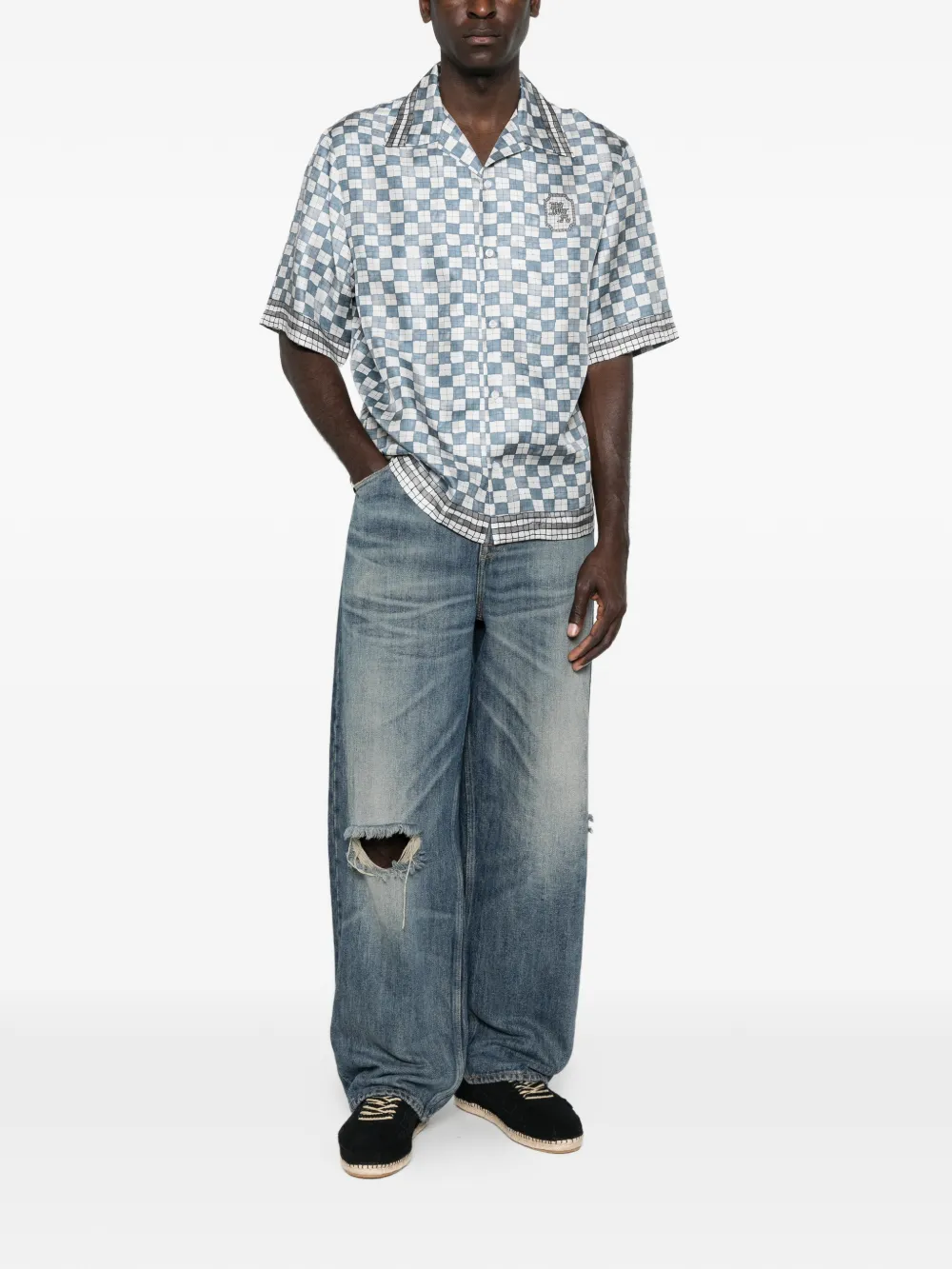 Blue shirt, full body view