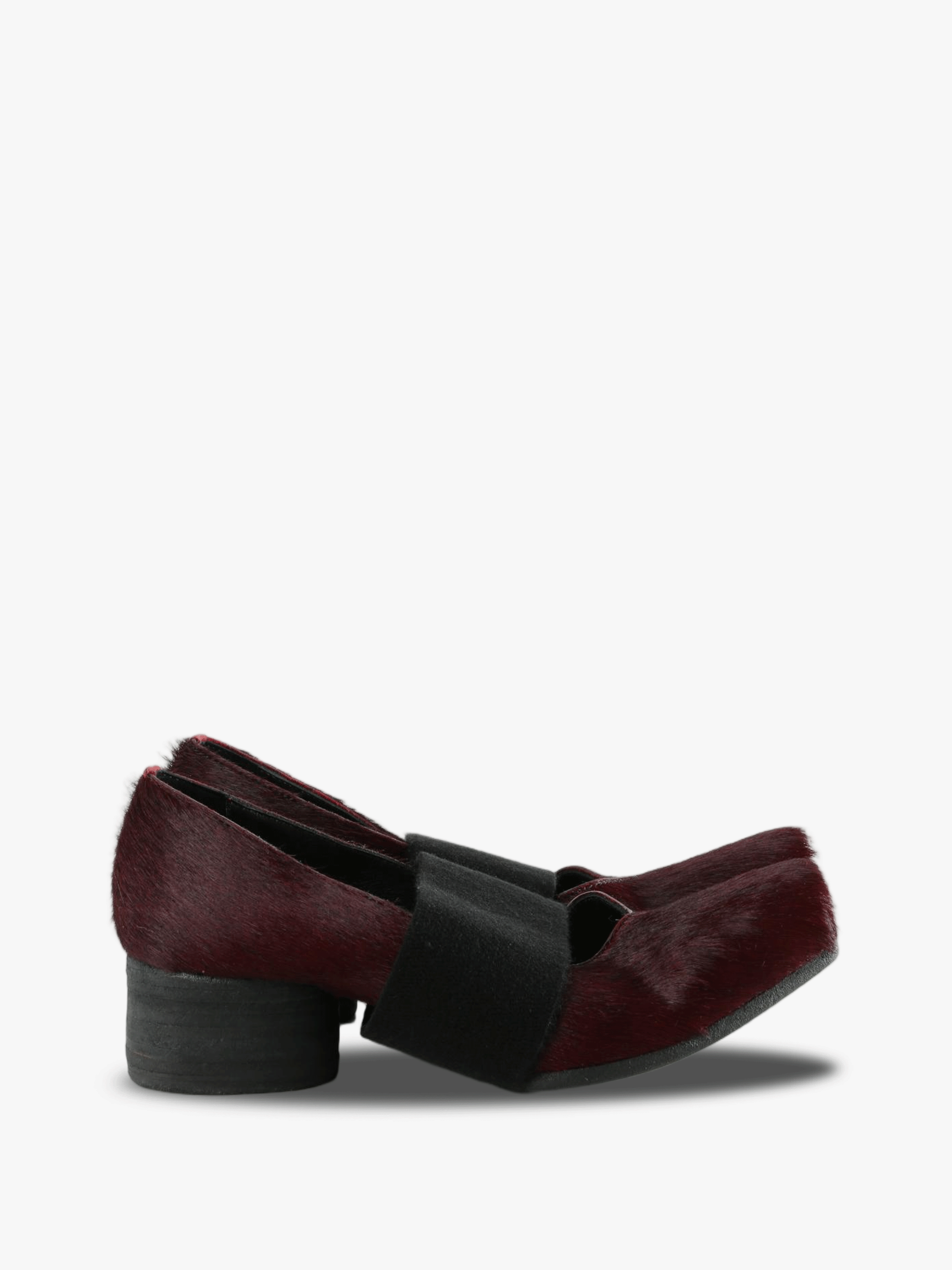 Burgundy shoes, side view