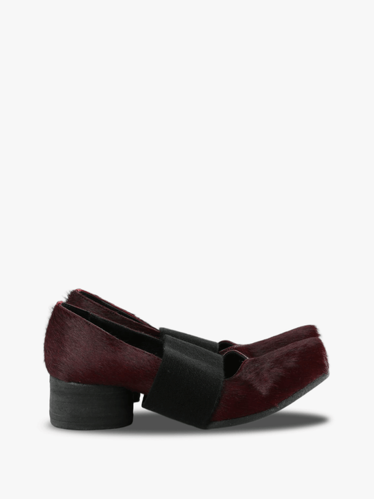 Burgundy shoes, side view