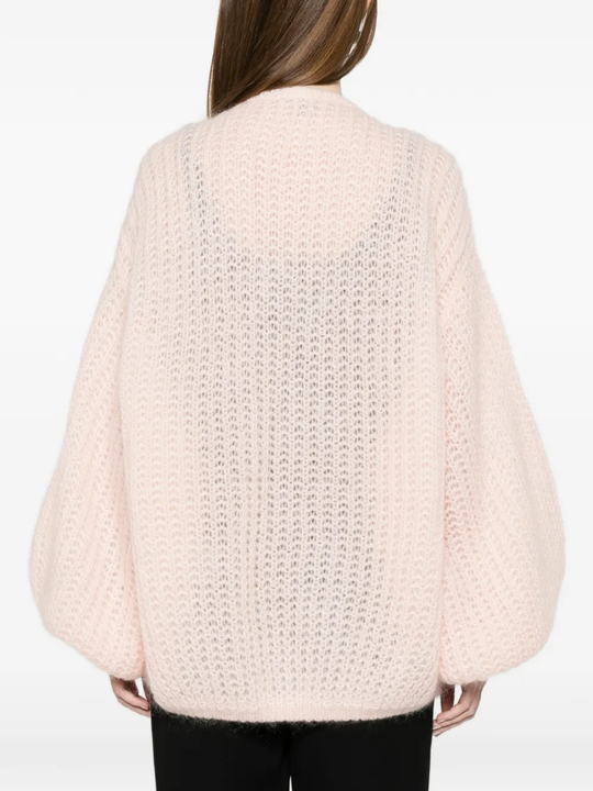 Pink cardigan, back view