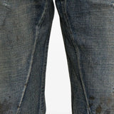 Close up of the blue jeans, showing texture of the cotton fabric
