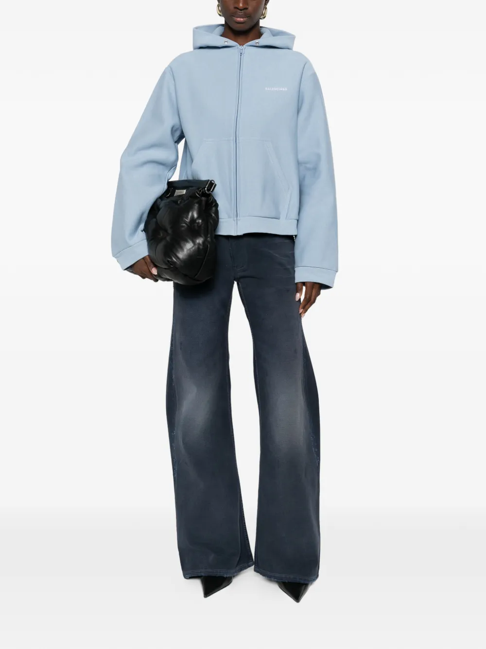 blue hoodie, full body view