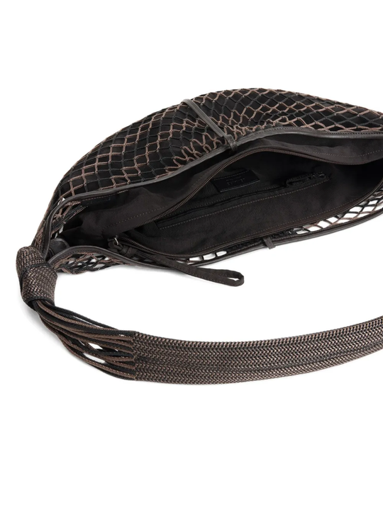 Close up of black bag, showing texture of the calf leather fabric