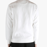 White pullover worn by a person, showing the pullover's fit