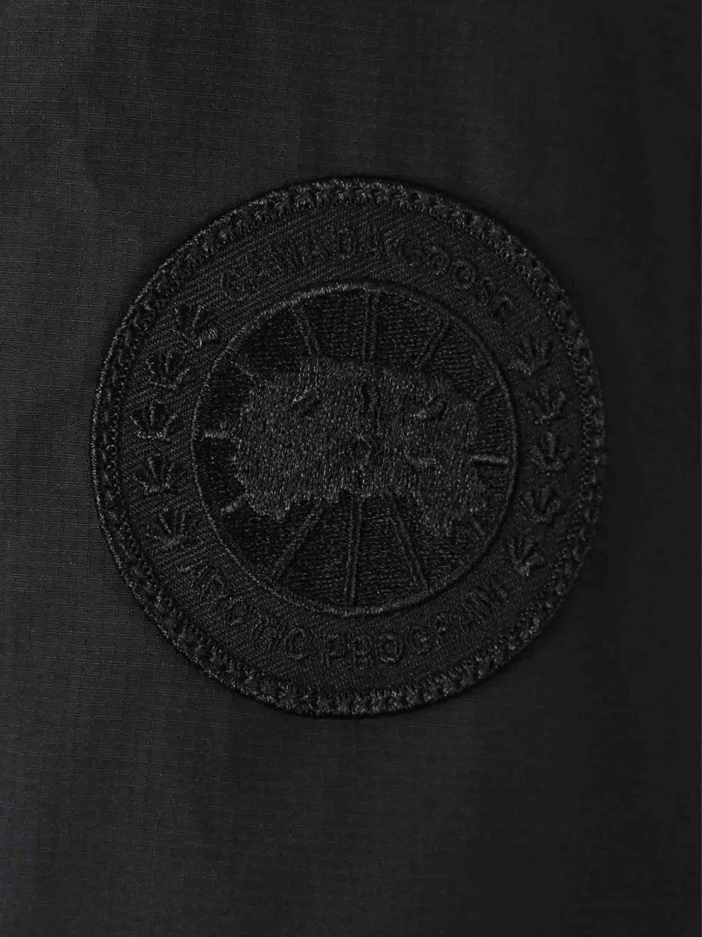 Close up of the black jacket, showing texture of the polyester fabric