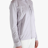 Purple jacket worn by a person, showing the jacket's fit