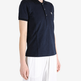 Navy shirt worn by a person, showing the shirt fit