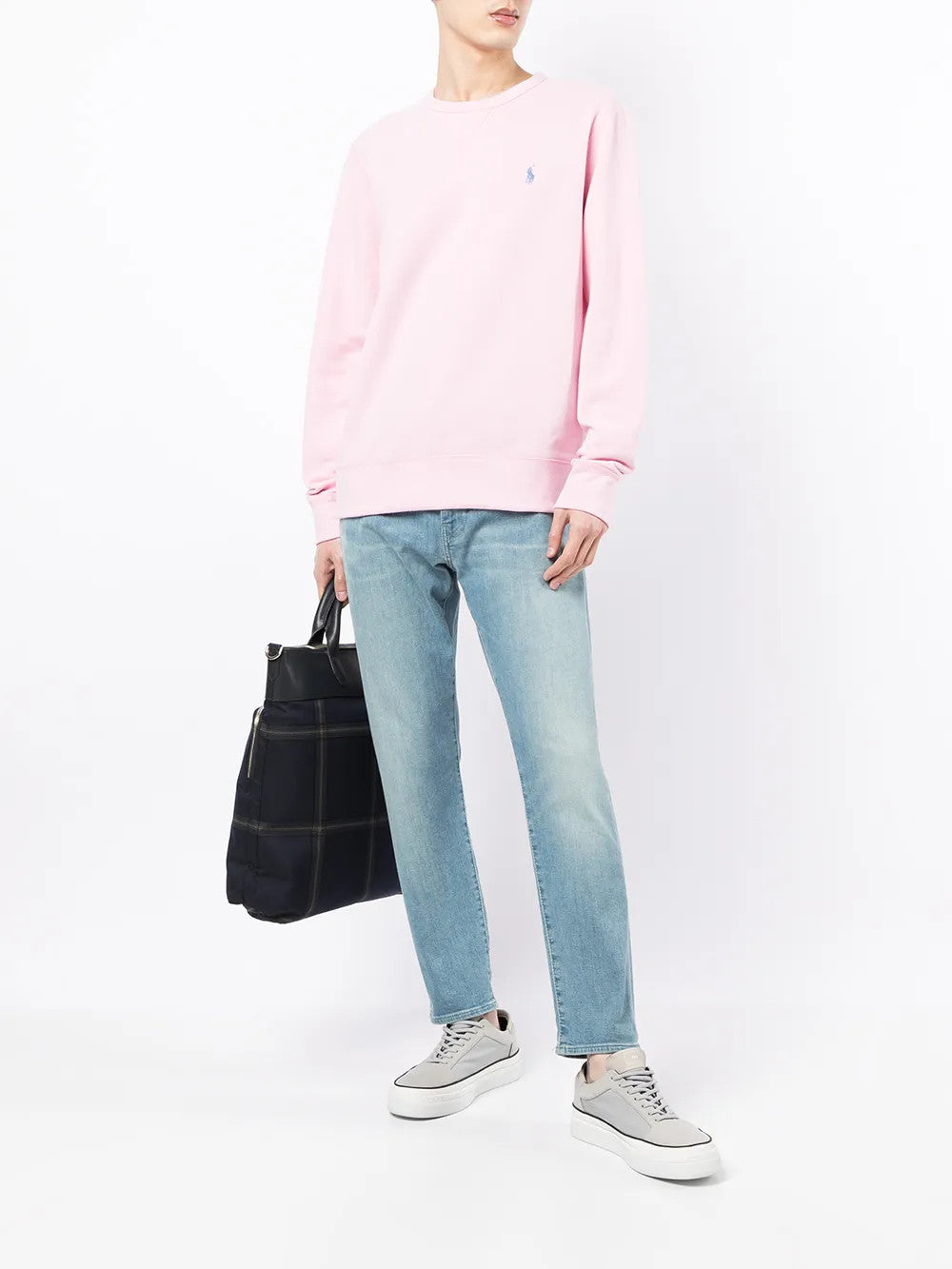 Pink hoodie, full body view