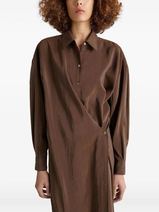 Close up of brown dress, showing texture of the silk abric