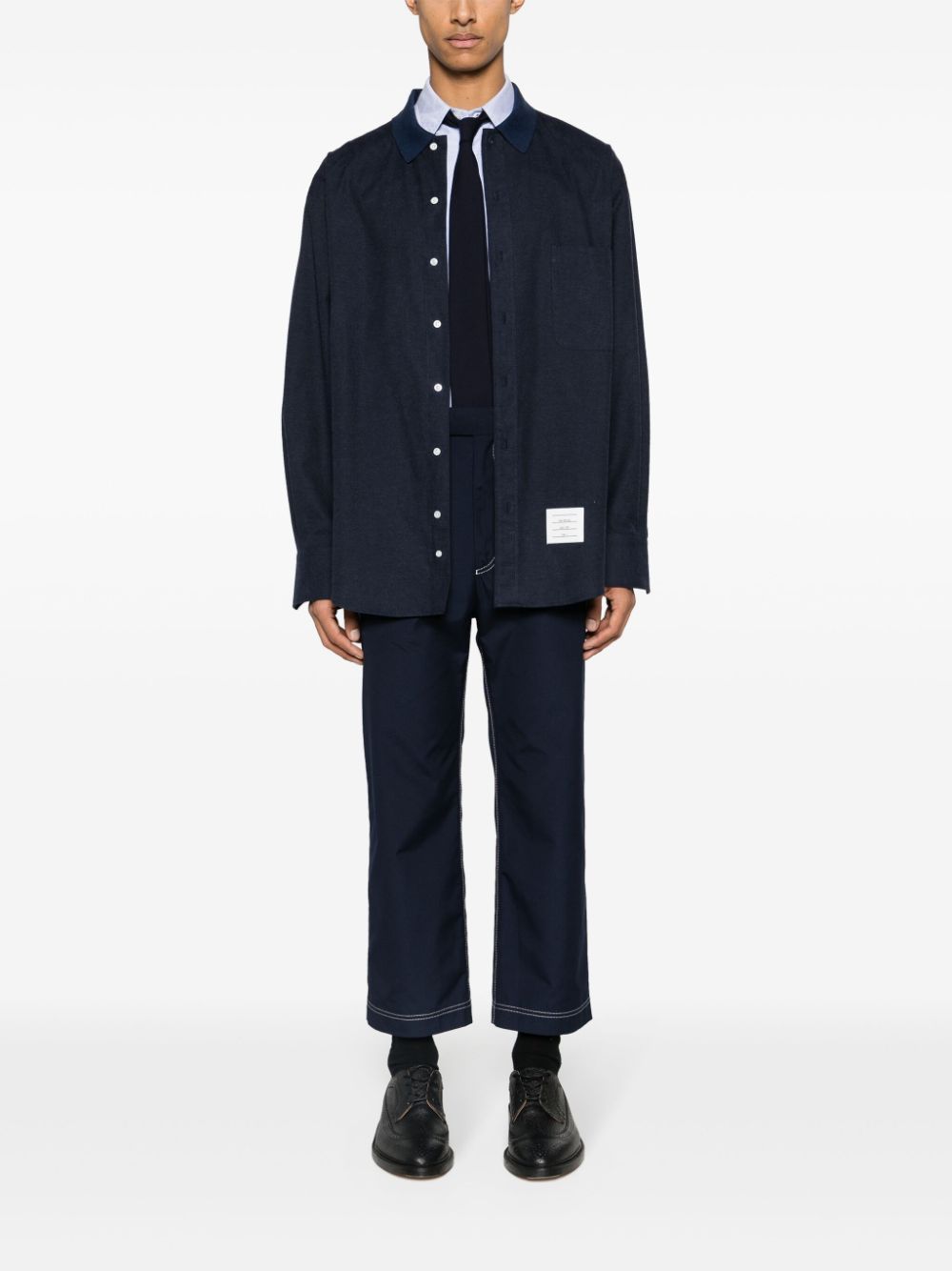 THOM BROWNE - Men Oversized Shirt With Knit Collar In Engineered Rwb Stripe Cotton Flannel