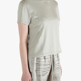 Grey t-shirt worn by a person, showing the shirt's fit